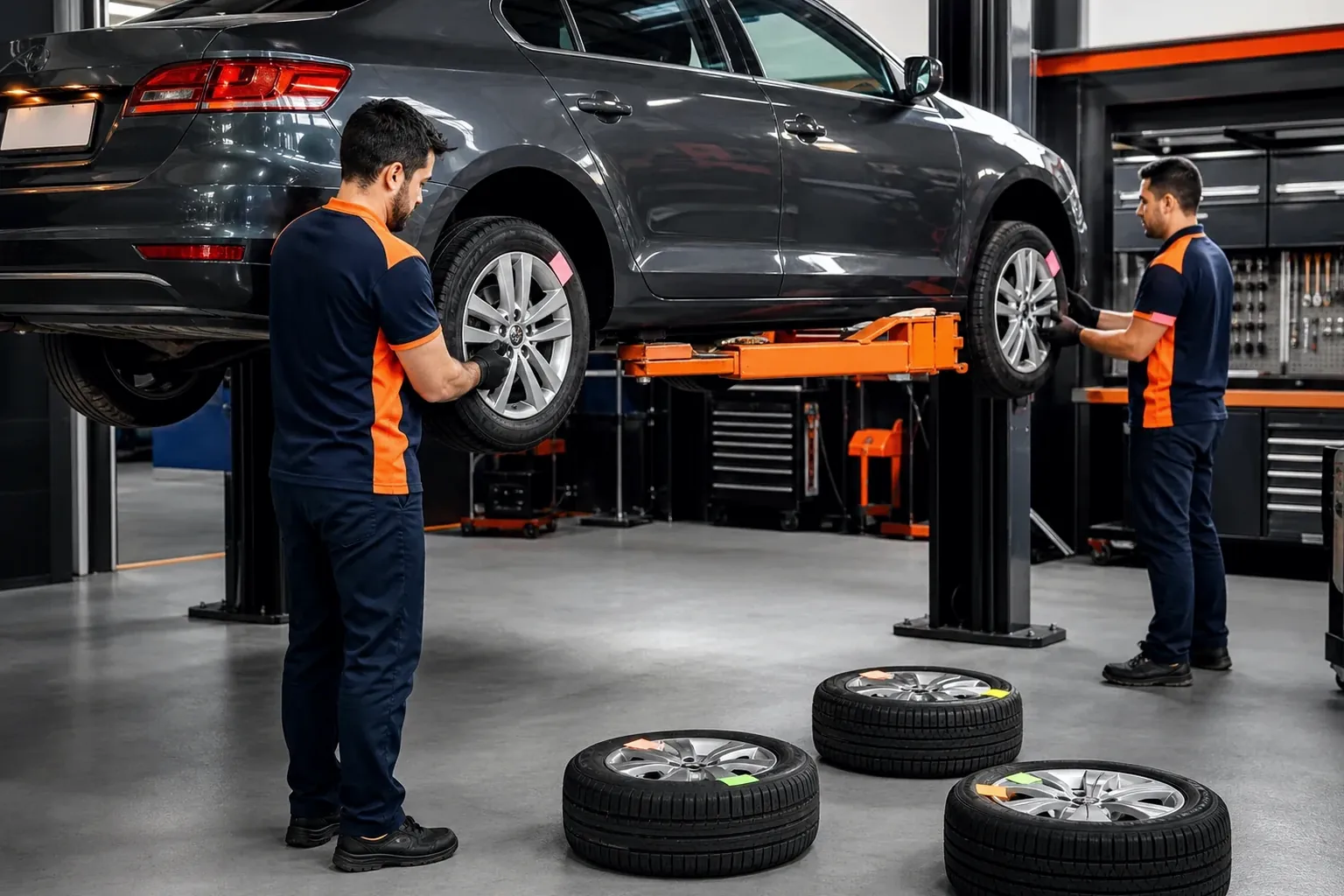 Mecânico realizando rodízio de pneus de um carro em oficina.
