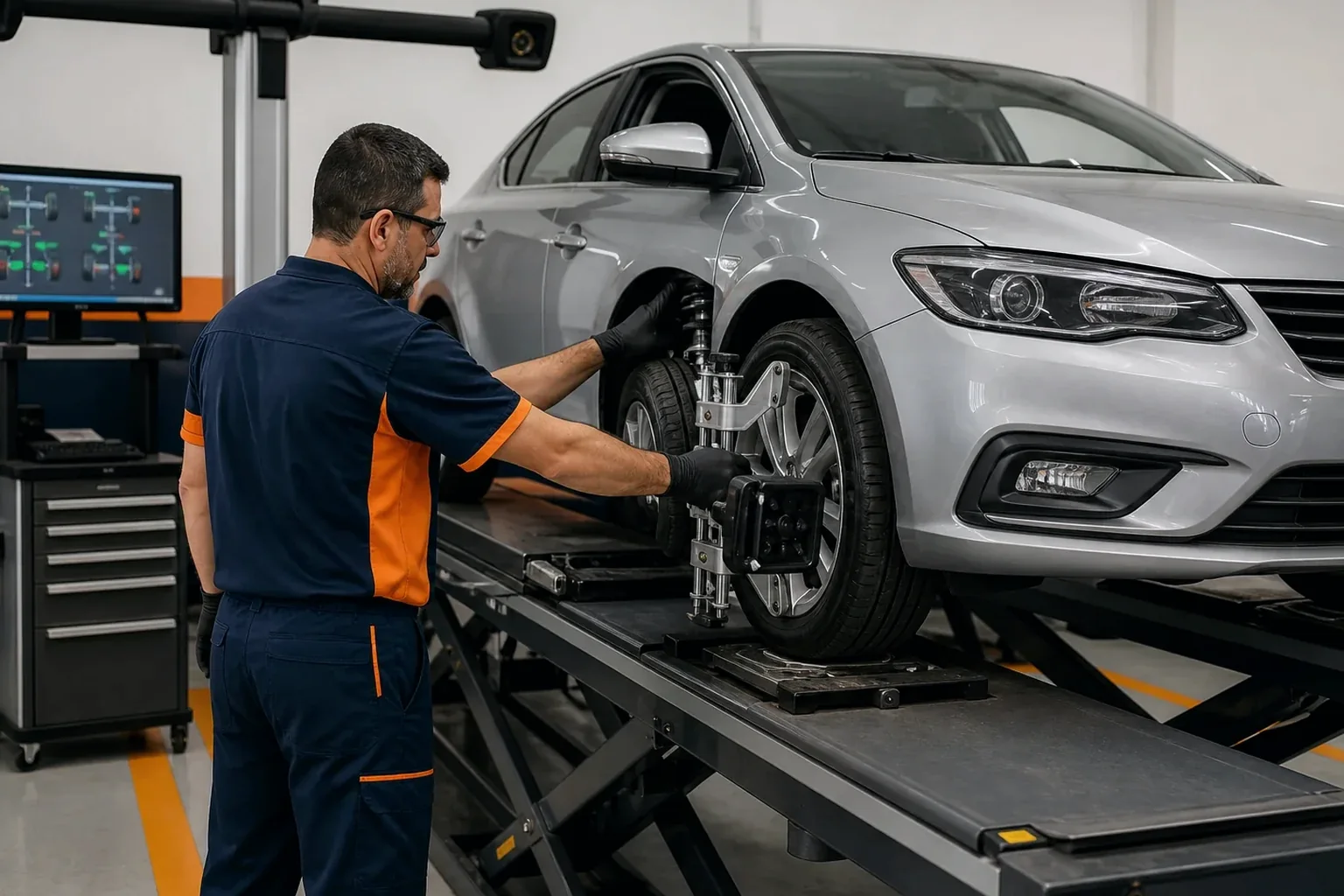 Profissional ajustando o alinhamento das rodas de um carro.