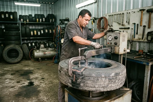 Técnico realizando vulcanização em um pneu, enfatizando o cuidado e técnica do procedimento.